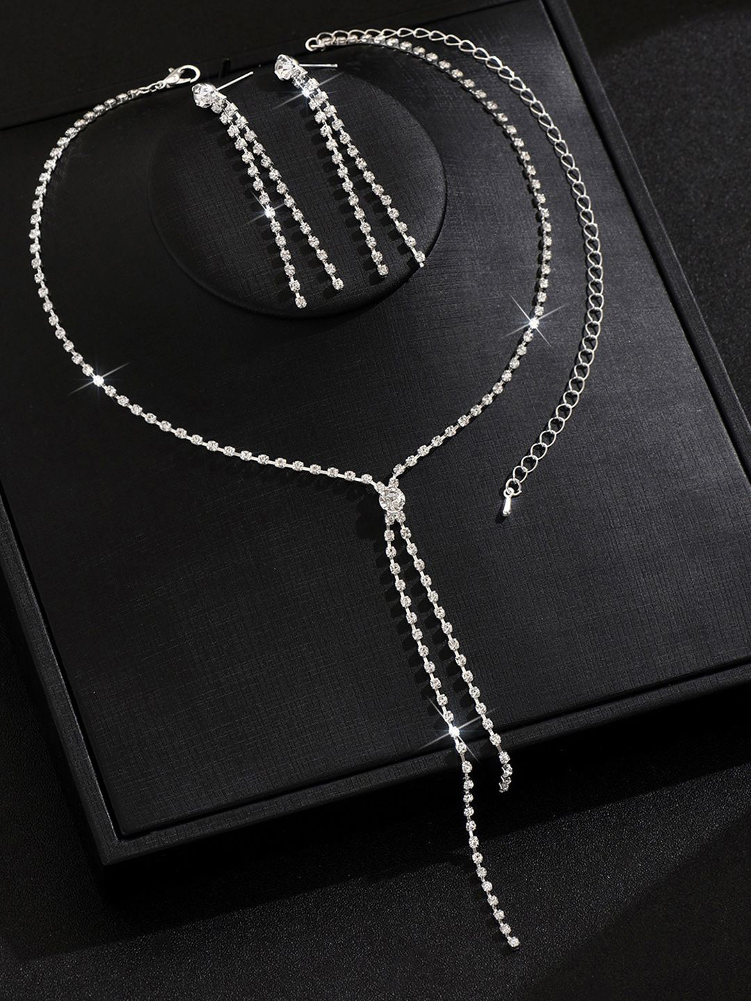 Peora Silver Plated Cubic Zirconia Studded Long Tassel Necklace With Drop Earrings