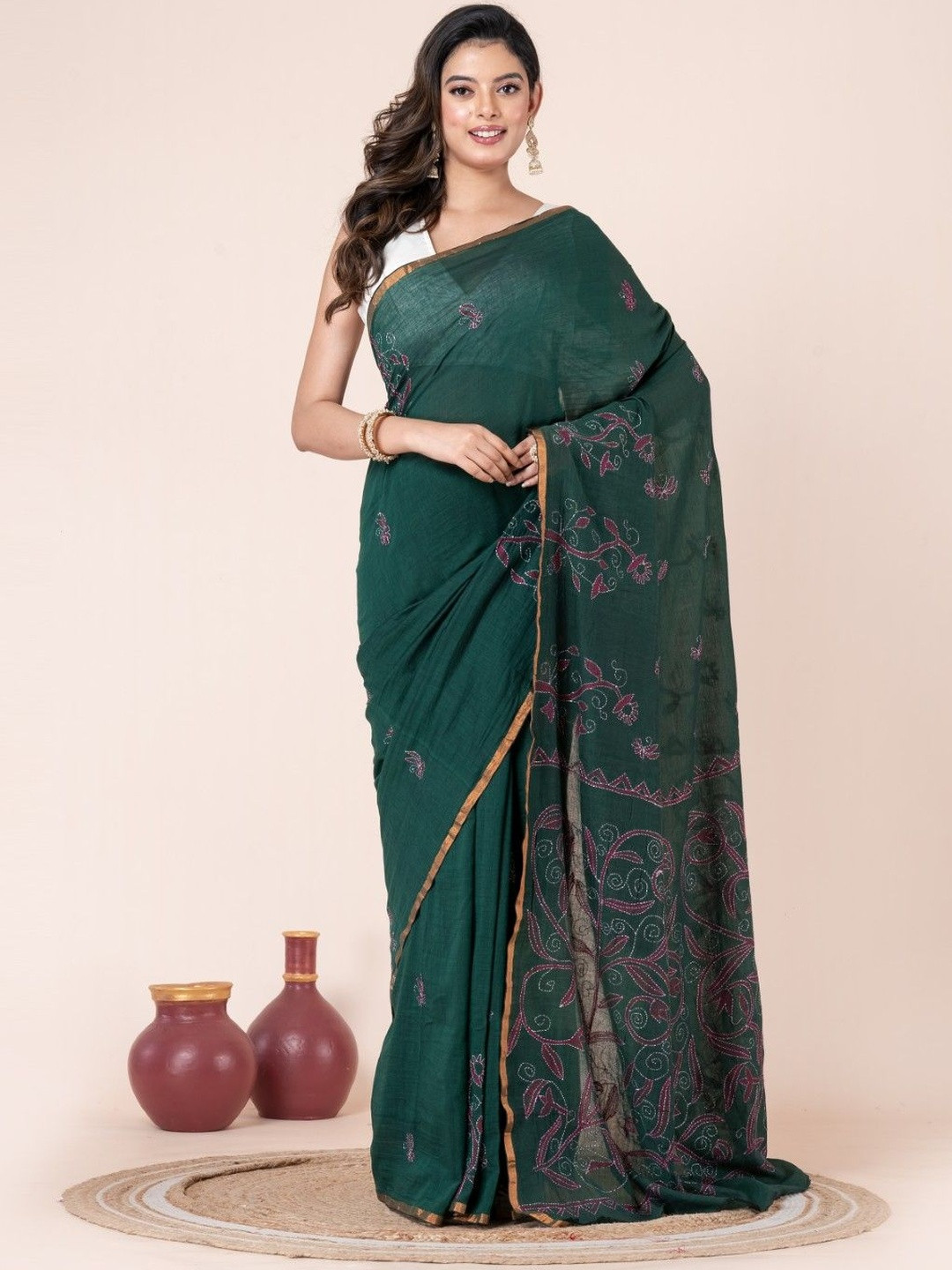 Durga Handlooms Floral Kantha Work Pure Cotton Handloom Saree