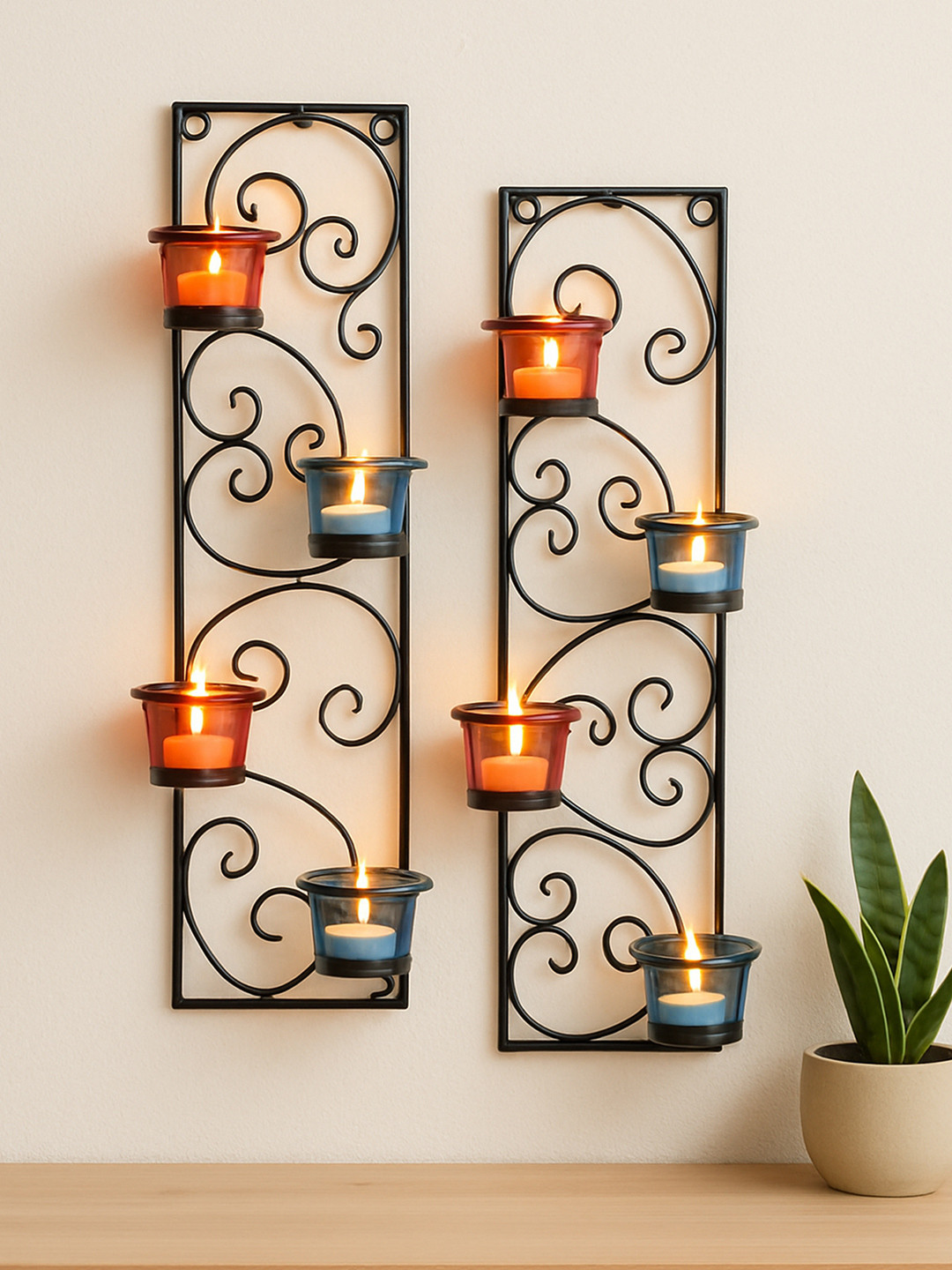 Homesake Red & Blue Tealight Candle Holders with 8 Glass Cups