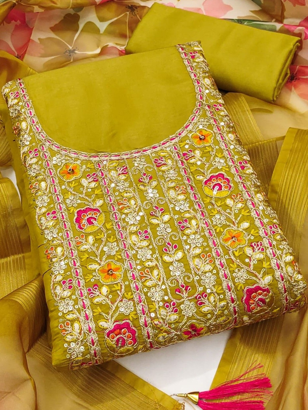 Mustard Chanderi Sequence Embroidery Work Unstitched Dress Material