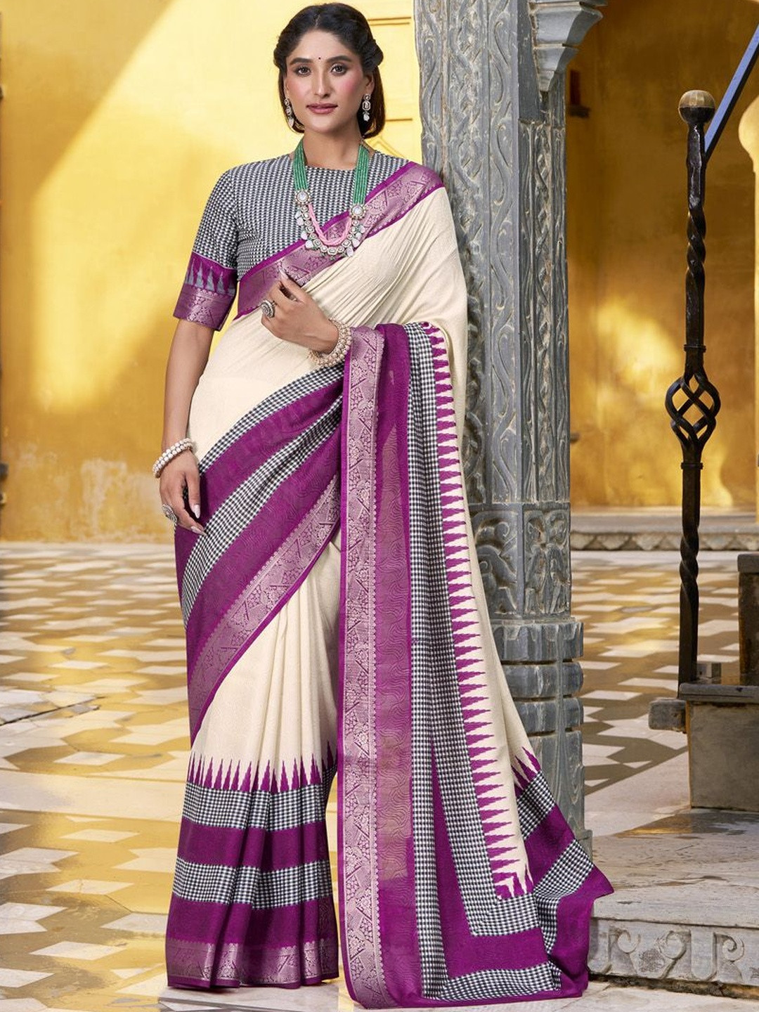 LOOKNBOOK ART Women Off White Sarees