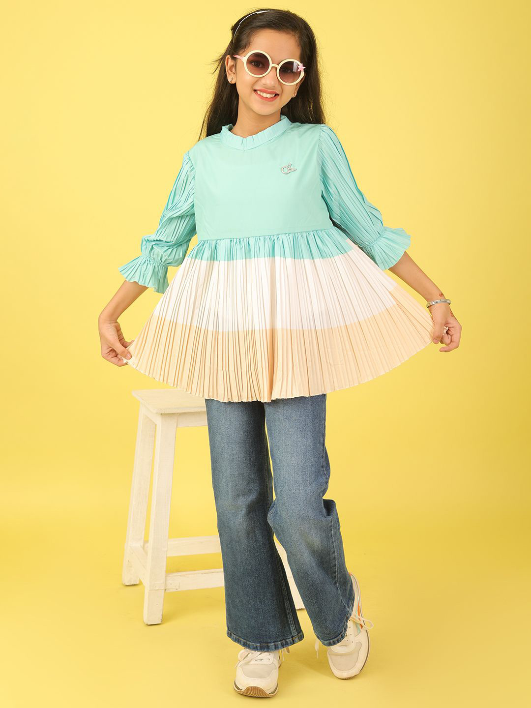 BAESD Girls Colorblock Self Design A Line Top