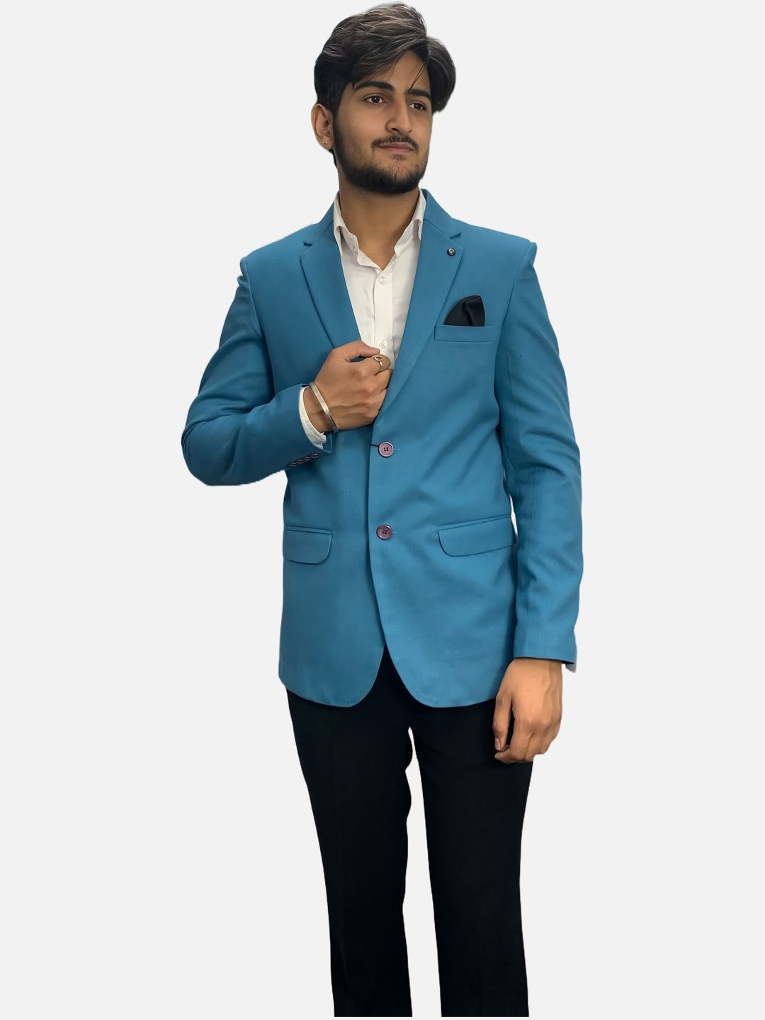 GARGIAN Master Cut Men Teal Blue Notched Lapel Collar Single-Breasted Polyviscose Blazer