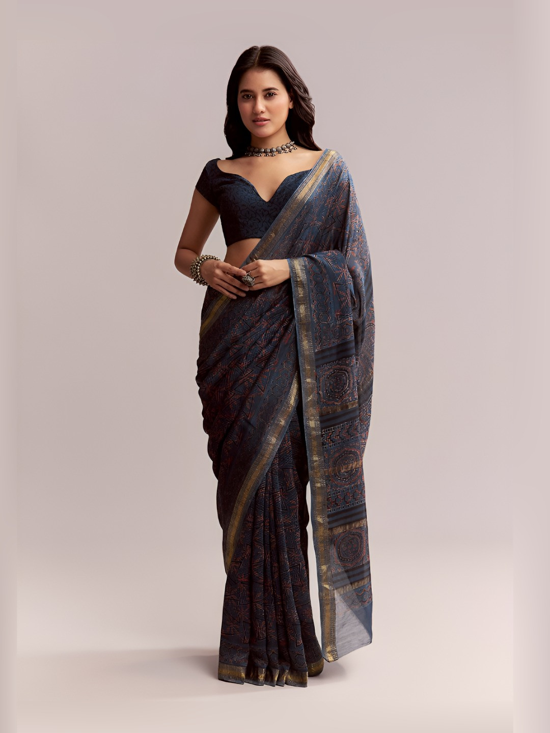 KALKI Fashion Hand Block Ajrakh Leaf Printed Zari Saree