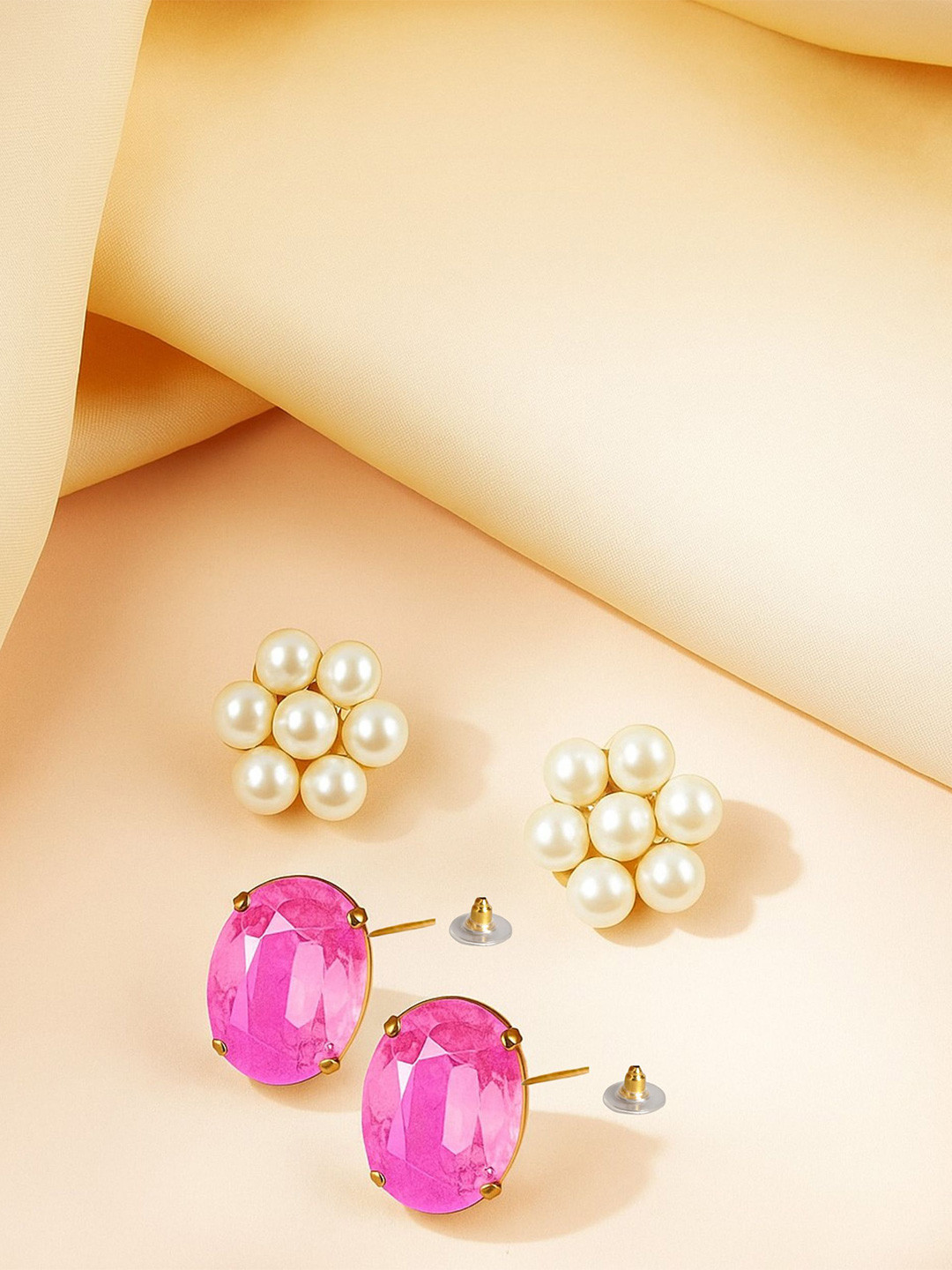 ORANGENYSHA Set Of 2 Gold-Plated Crystals Studded Oval Shaped Studs