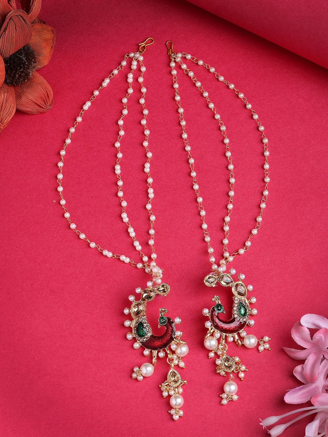 Sukkhi Gold-Plated Kundan Studded & Pearls Enamelled Peacock Drop Earrings With Ear Chains