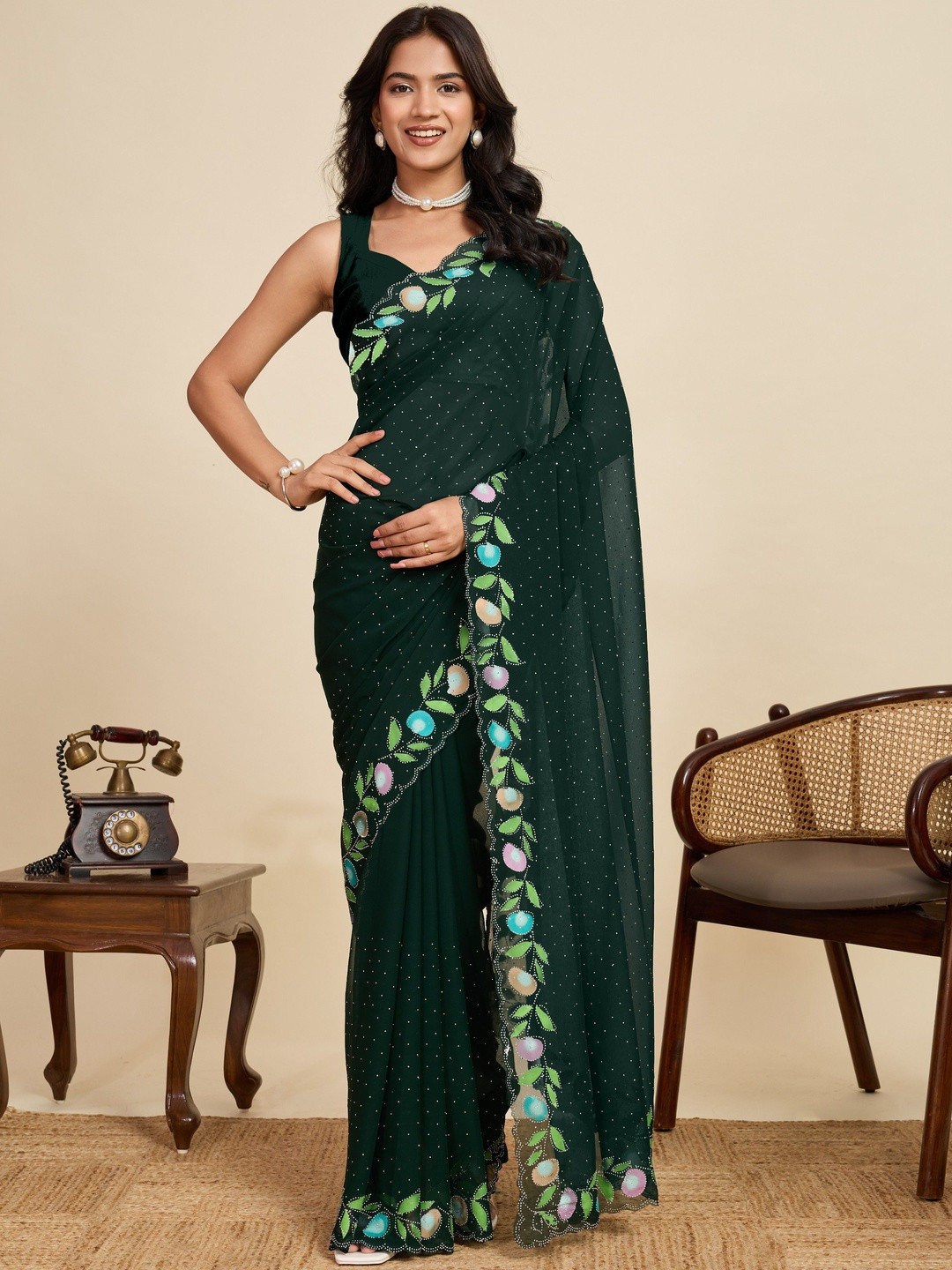 all about you Embellished Beads and Stones Pure Georgette Saree With An Unstitched Blouse