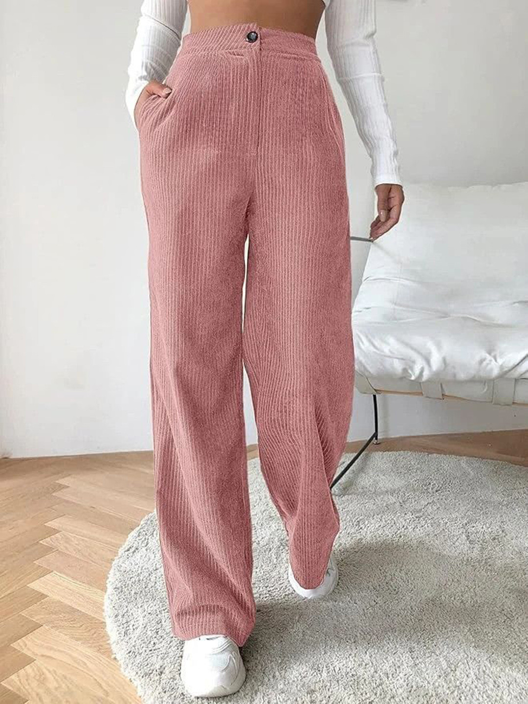 GIBBONTE Women Self Design Relaxed High-Rise Trousers