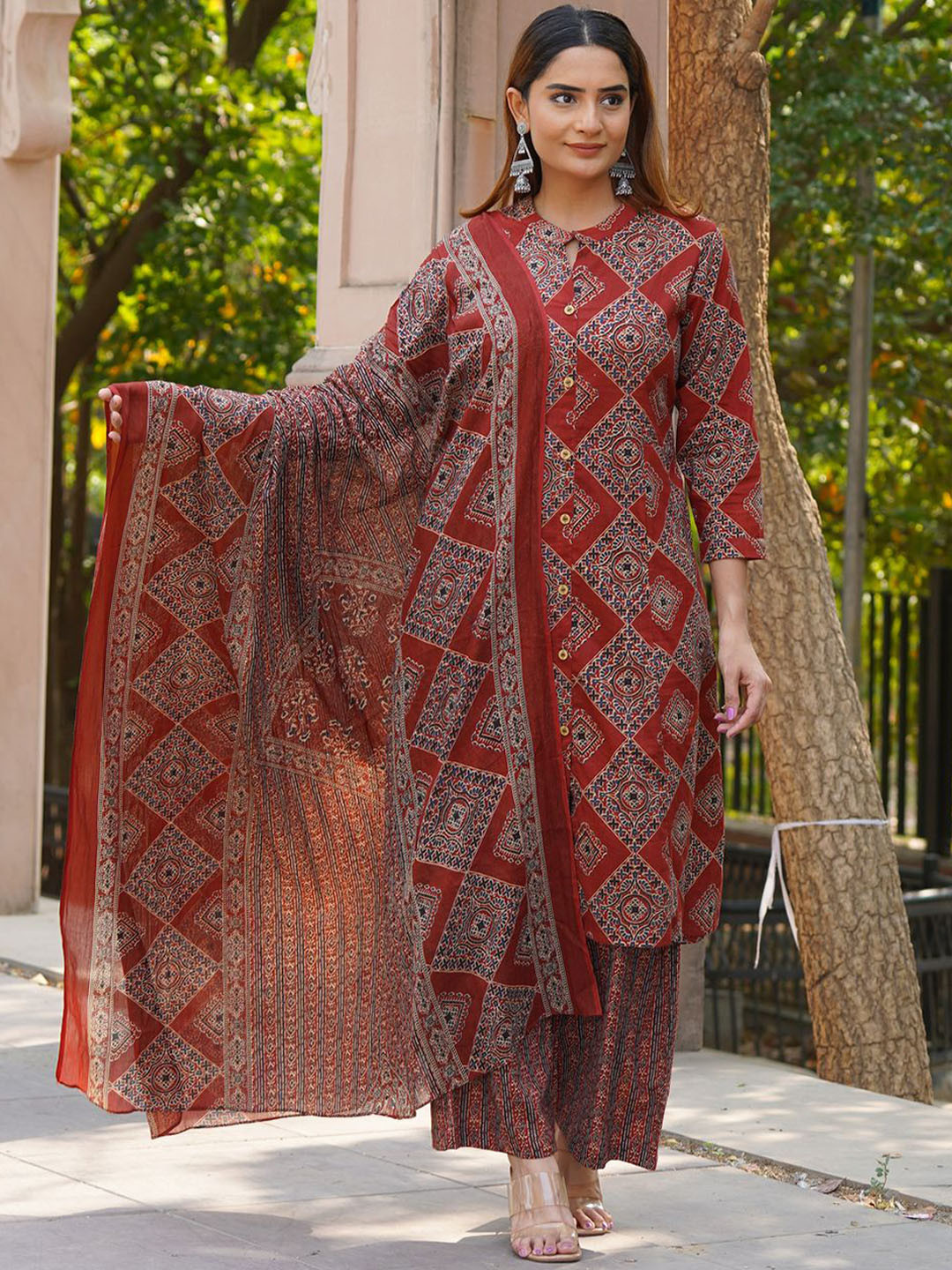 SARAI CREATIONS Women Ethnic Motifs Printed Pure Cotton Kurta with Palazzo & Dupatta