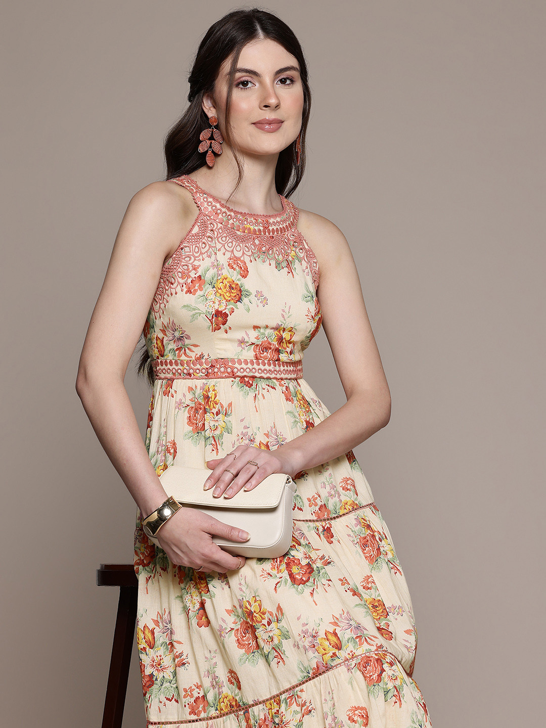 Label Ritu Kumar Floral Printed Lace Inserts Fit & Flare Midi Dress