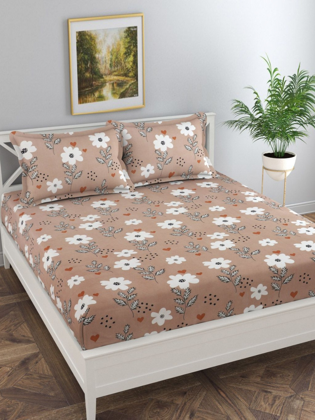 Florida Camel Brown & White 130 TC Floral Printed King Bedsheet - 1.82 m x 1.98 m