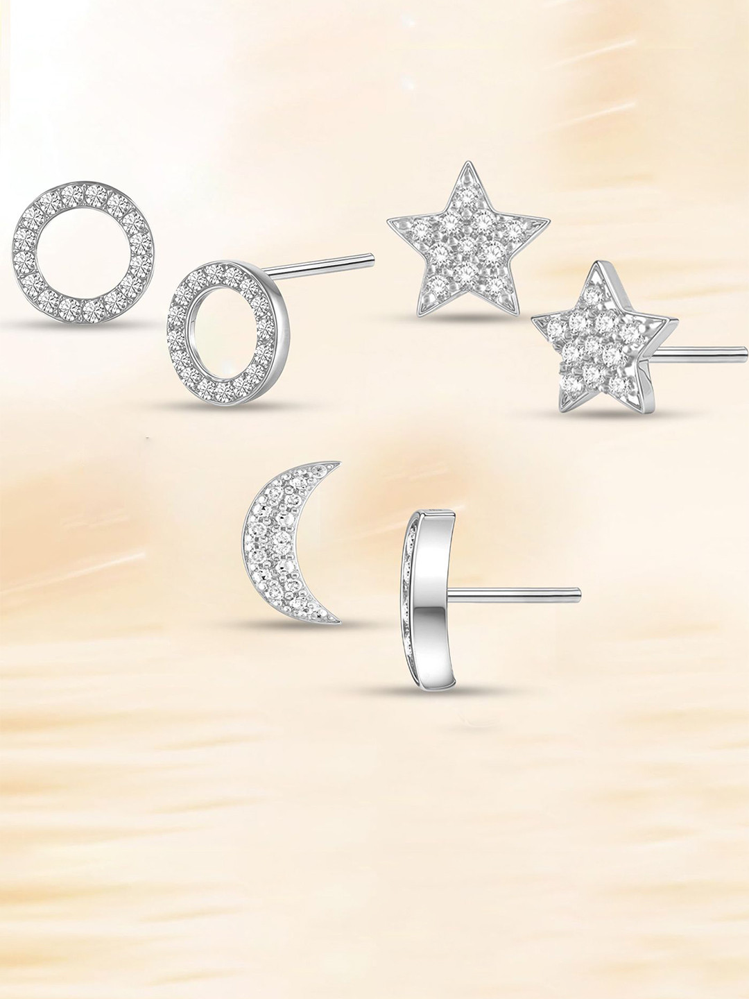 VAMA Set Of 3 Siver-Plated Crystals Studded Circular Shaped Studs