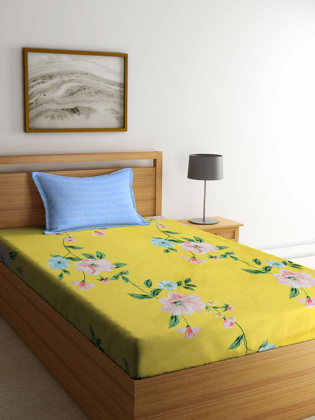 Myntra Elegant Homes Yellow & Green Printed 300 TC Fitted Single Bedsheet Set 2.25 x 1.5 m