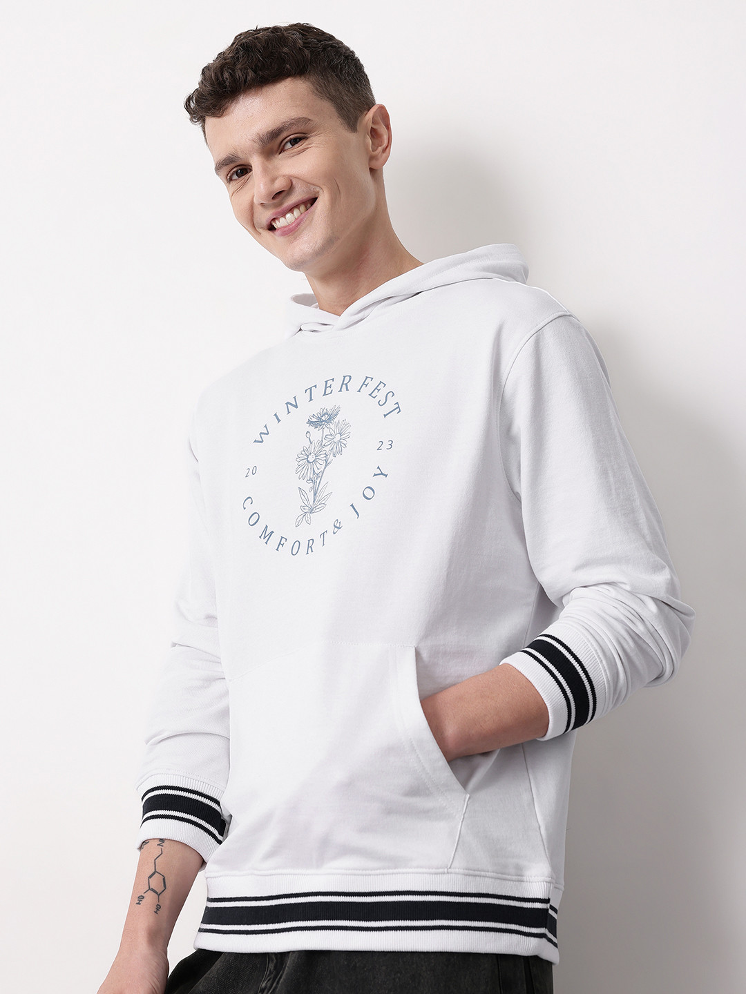 Mast & Harbour Typography & Floral Printed Hooded Terry Sweatshirt