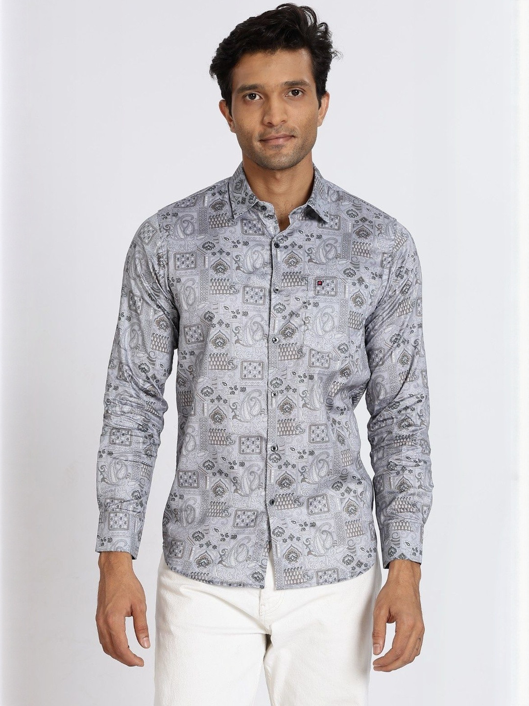 COOL COLORS Men Grey Cotton Floral Print Full Sleeve Slim Fit Casual Shirts