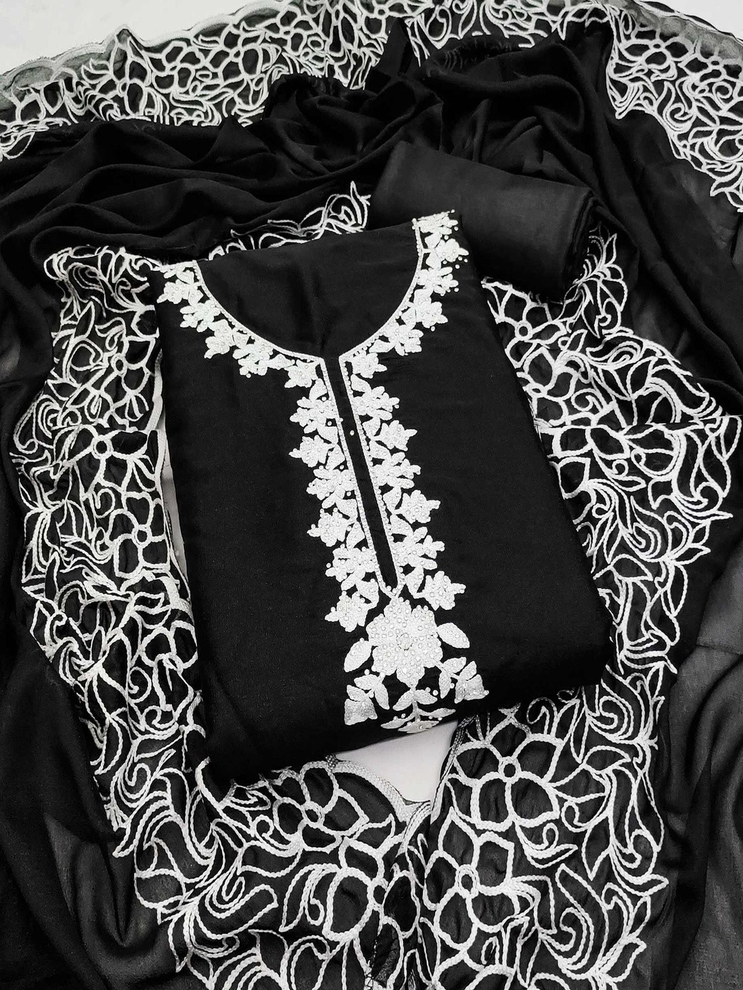 Black Thread Embroidery Unstitched Georgette Dress Material