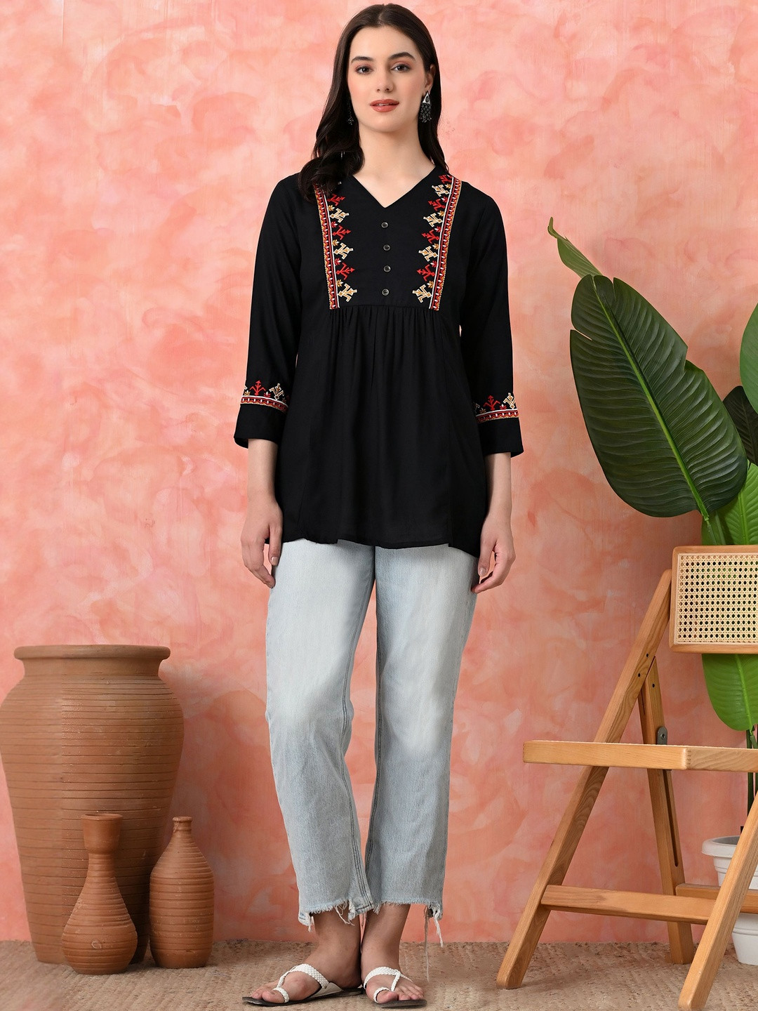 EMICA Women Rayon Embroidered Short Kurti