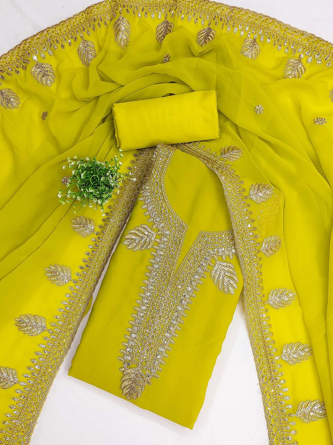 Lemon Green Floral Embroidery and Embroidered Georgette Unstitched Dress Material