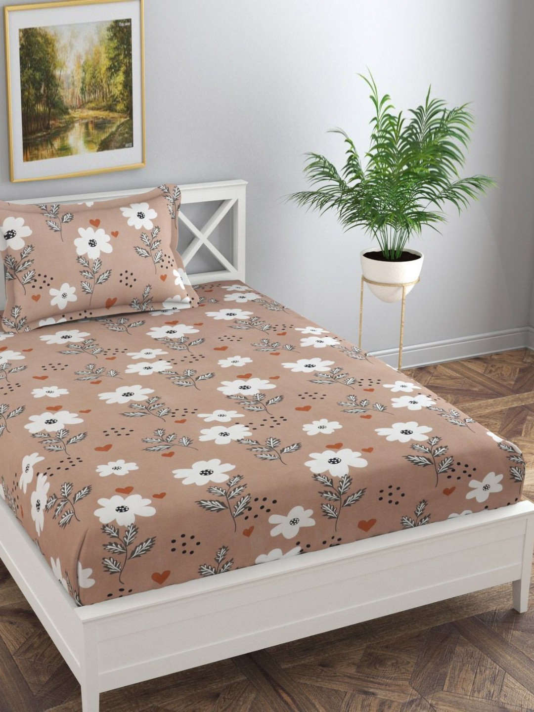 Florida Camel Brown & White 130 TC Floral Printed Single Bedsheet - 1.55 m x 2.28 m