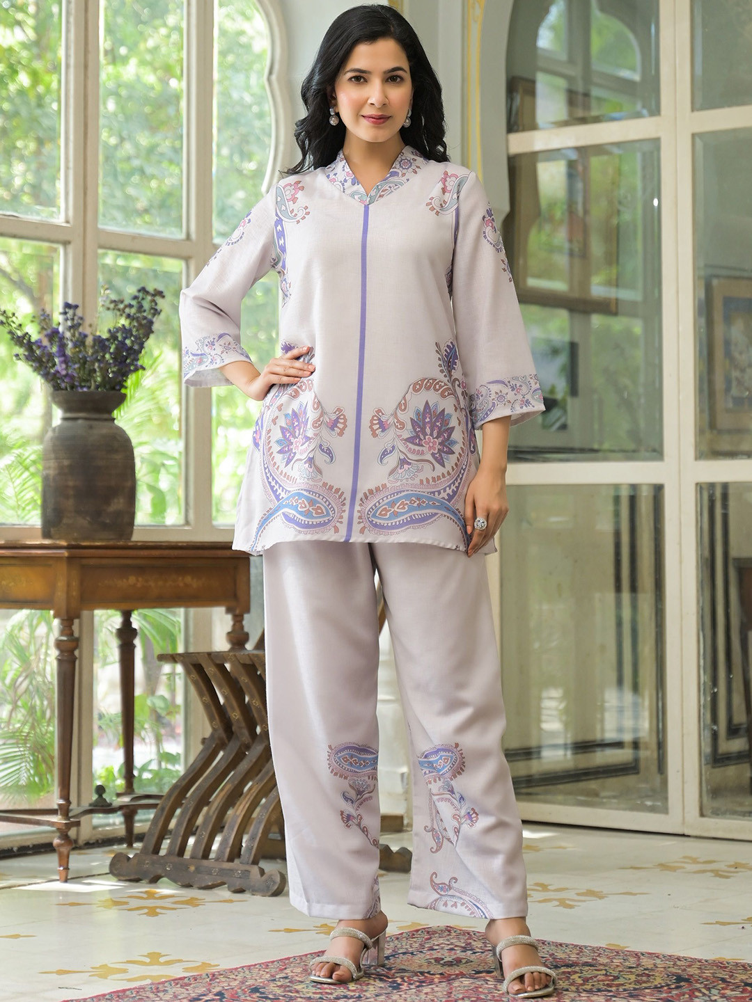 AARAAS Printed Shawl Neck Linen Tunic With Palazzos