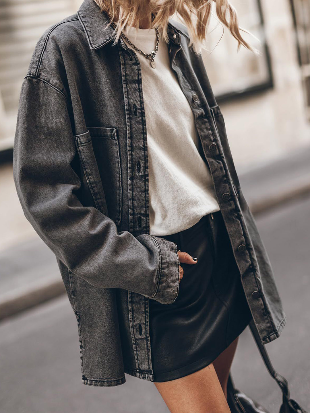 StyleCast Women Washed Longline Oversized Button-Up Shirt Denim Jacket