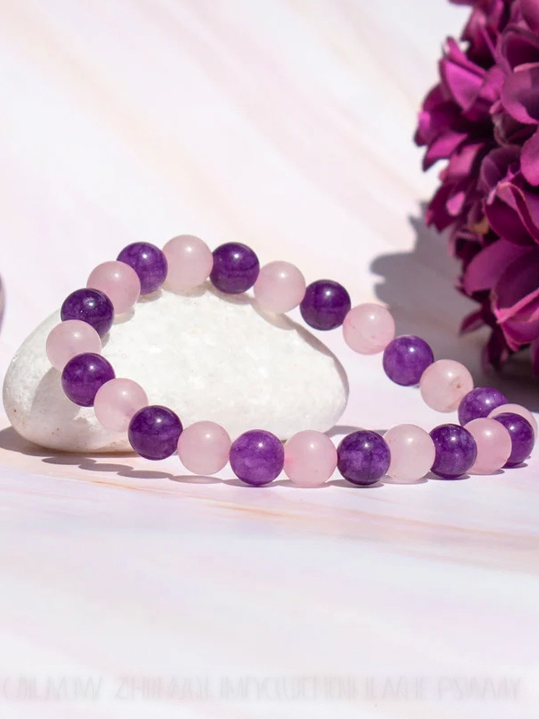 SENROAR Unisex Pink & Purple Rose Quartz & Amethyst Elasticated Plastic Bracelet