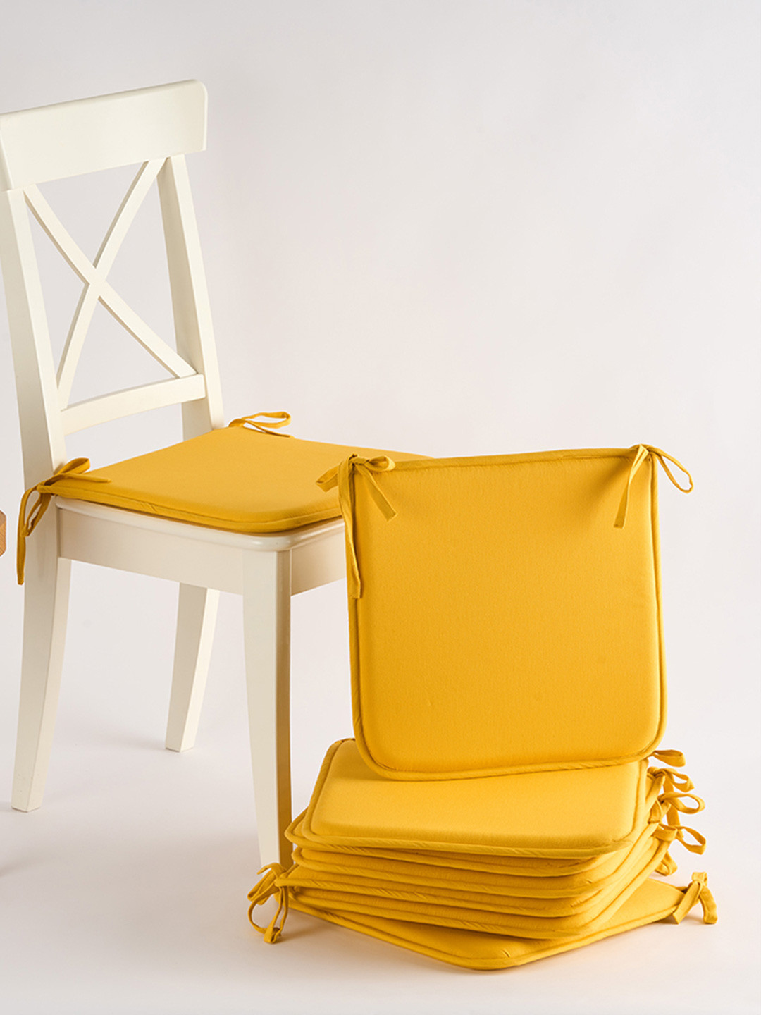 SKANDA FAB Set Of 8 Mustard Yellow Pure Cotton Foam Chair Pad