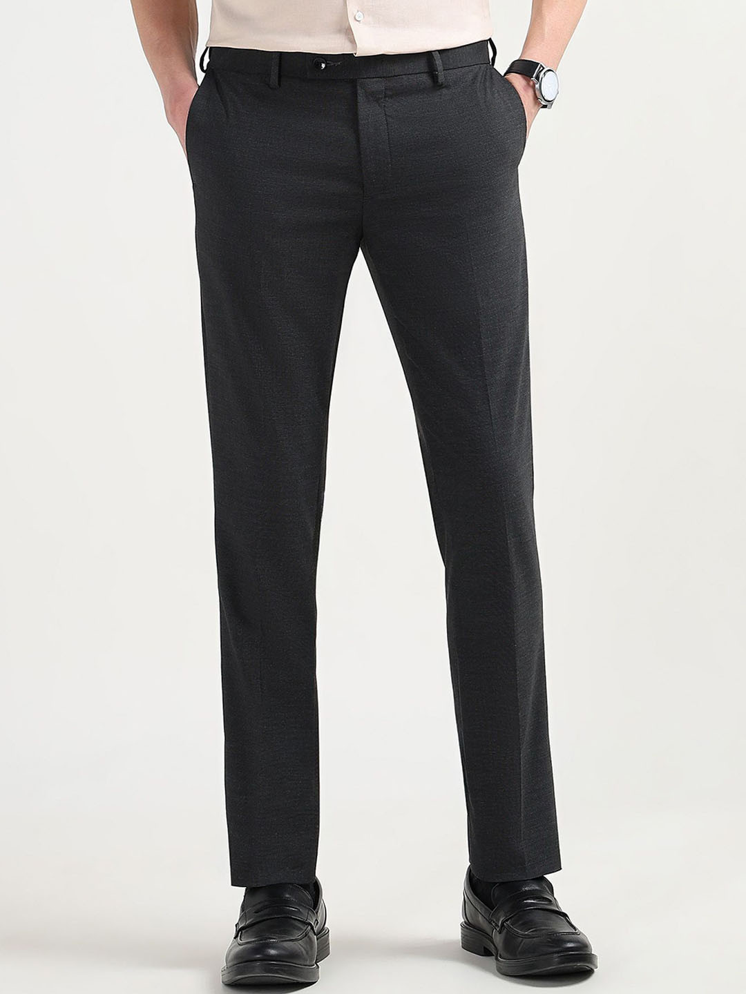 Arrow Heathered Men Textured Mid Rise Regular Fit Formal Trousers