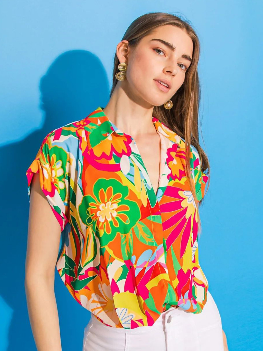 FNOCKS Women Printed Shirt Collar Cotton Top