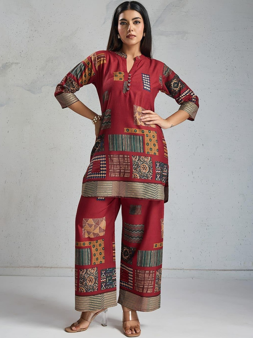 Garbista Women Maroon Printed Silk Blend Three-Quarter Sleeves Co-Ords Set