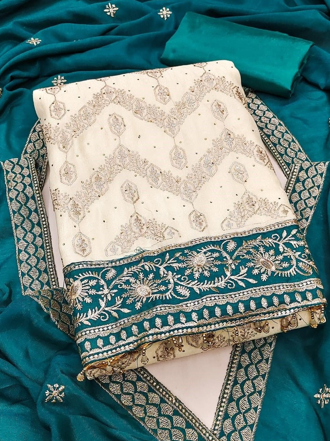Blue Vichitra Silk Codding Work Unstitched Dress Material