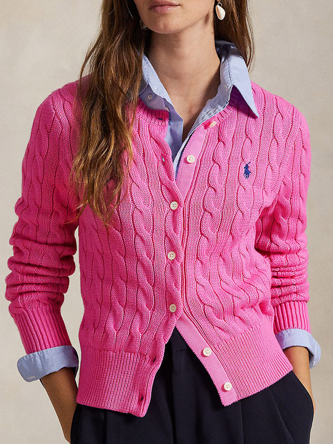 Polo Ralph Lauren Women Pink Cable-Knit Cotton Crewneck Cardigan