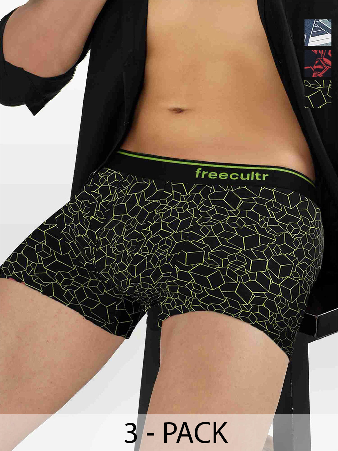 FREECULTR Pack Of 3 Printed Anti Bacterial Long Trunks FC-CTN-PT-T-TL-WNVY-CBLK-DWHT-03_S