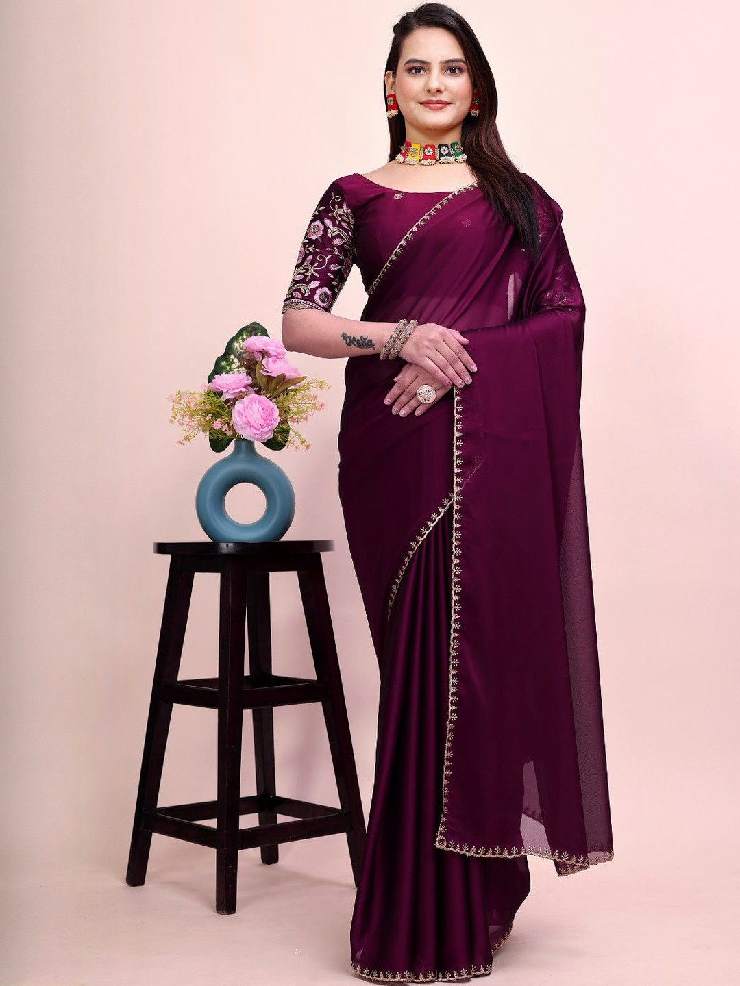 Zenophily Embroidered Pure Chiffon Saree With Desinger Blouse