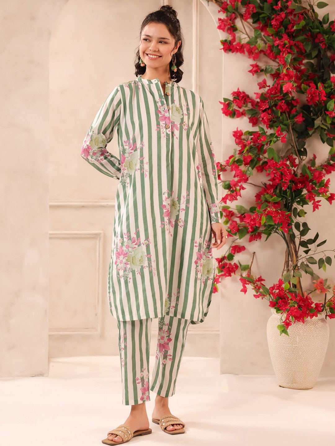 Jaipur Morni Striped Mandarin Collar Pure Cotton Straight Kurta With Palazzos