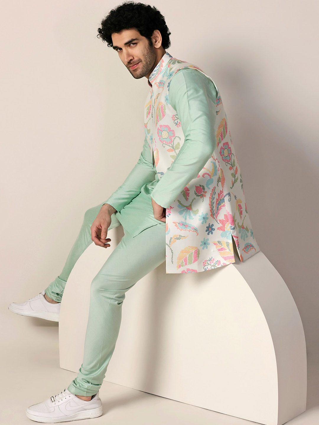 KISAH Floral Printed Mandarin Collar Long Sleeves Kurta Jacket with Churidar