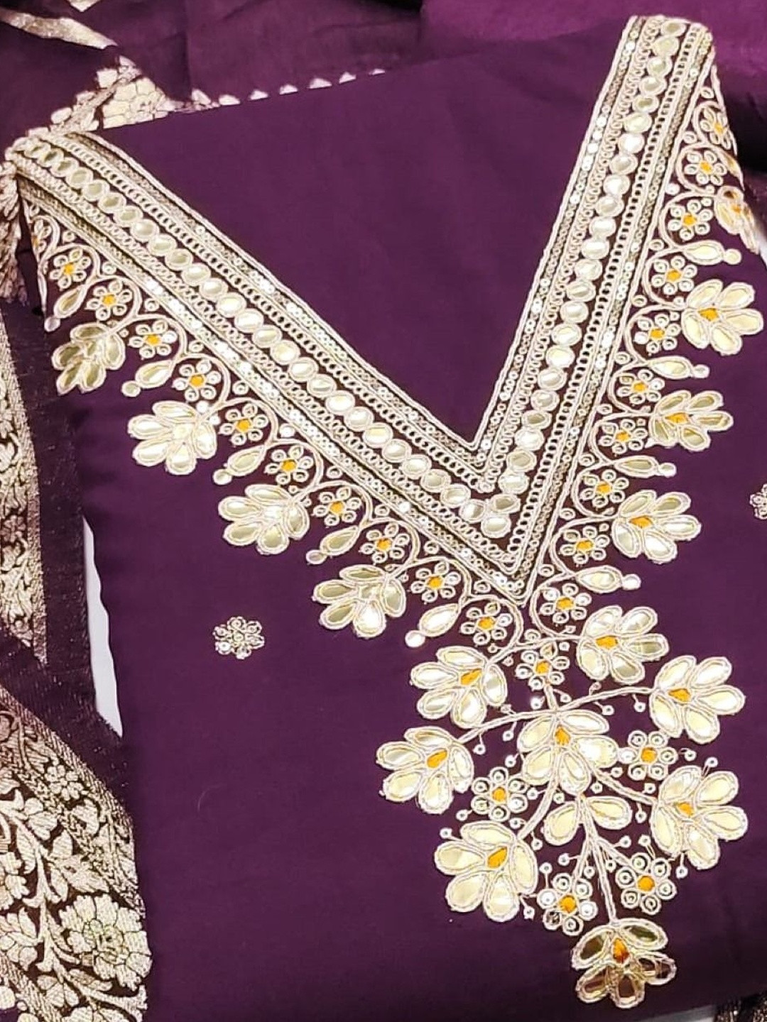 Purple Roman Silk Codding Work Unstitched Dress Material