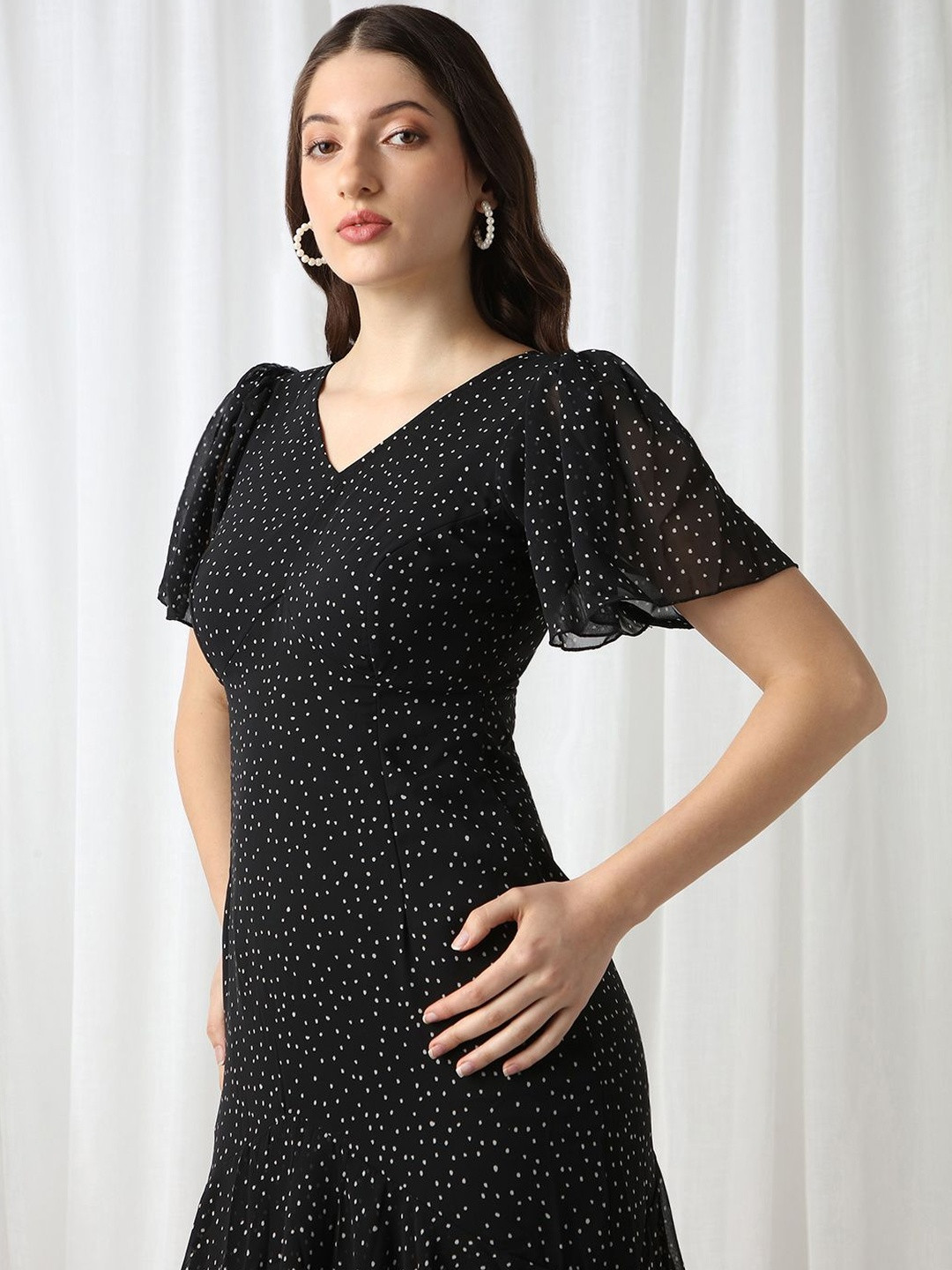 Globus Women Black V-Neck Flared Sleeves Polka Dot Georgette Layered Fit & Flare Dress