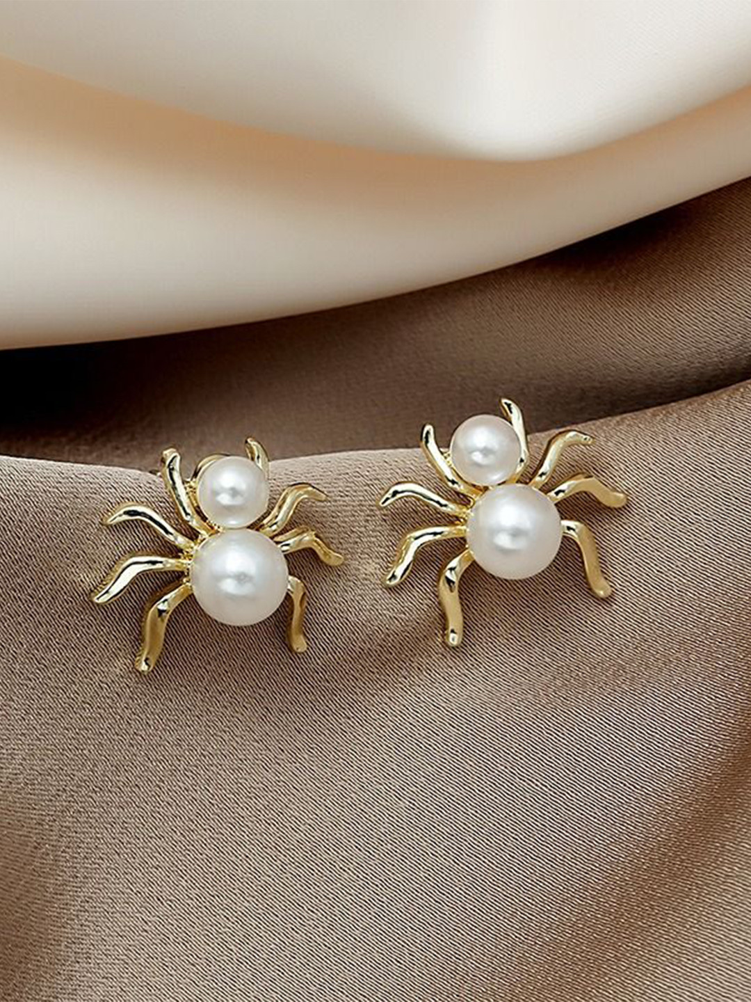 KRYSTALZ Stainless Steel Gold-Plated Pearls Studded Spider Shaped Studs