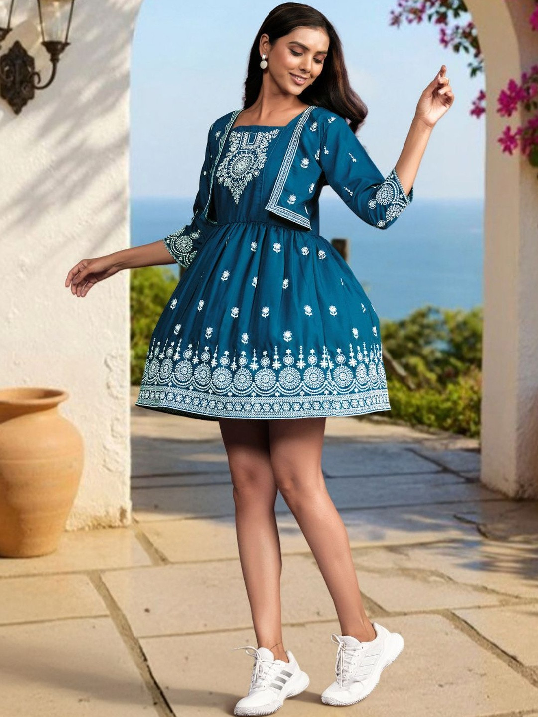 SZN Women Chikankari Embroidery Fit & Flare Dress