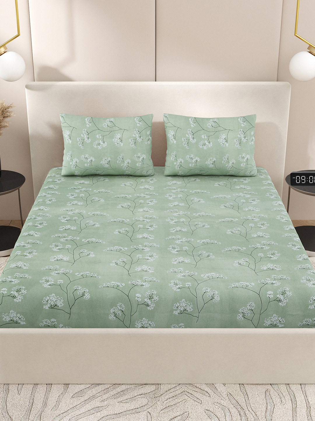 Jaipur Weaves Tree Queen Green Floral Cotton 180 TC Queen Fine Bedsheet with 2 Pillow Covers-90 x 100 inches