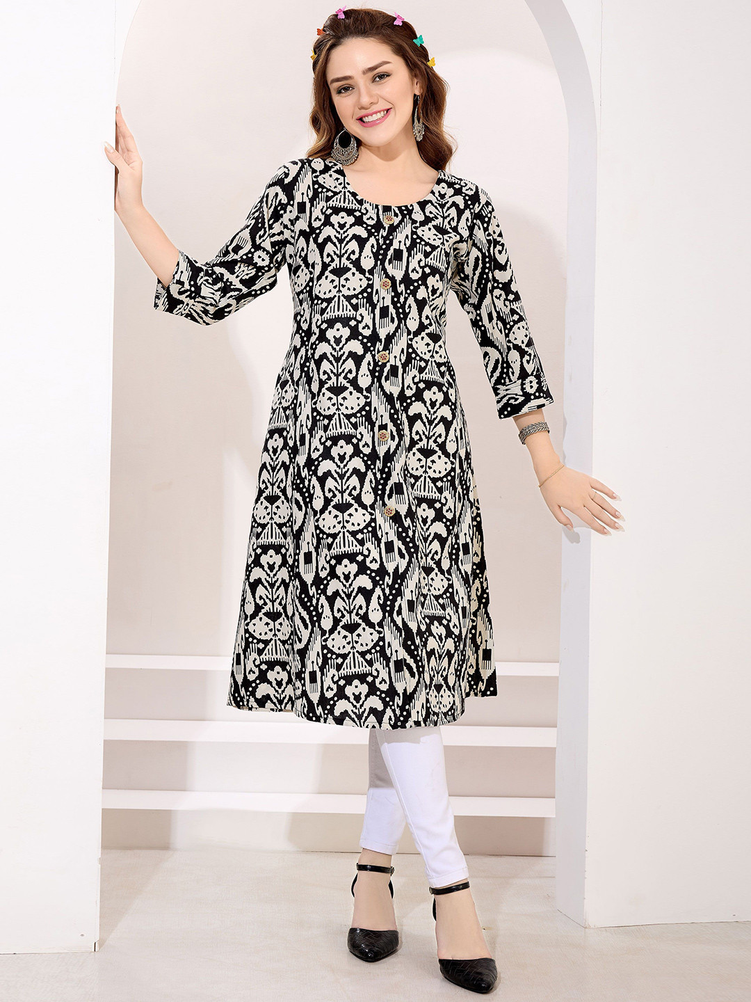 keshubaba Women Blooming Black Linen Cotton Princess Cut Long Kurta