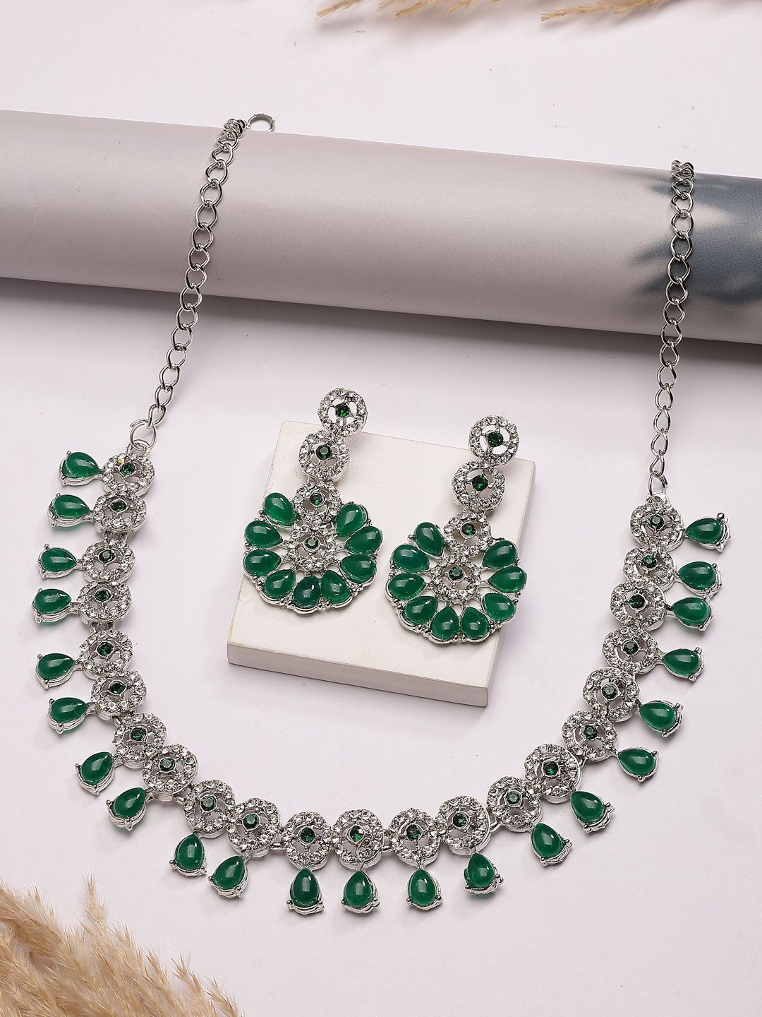 Sukkhi Rhodium-Plated Kundan & American Diamond Studded Choker Necklace And Earrings