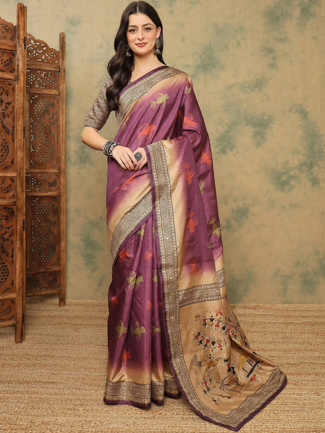 Sangria Ethnic Motifs Embellished Fastive Saree