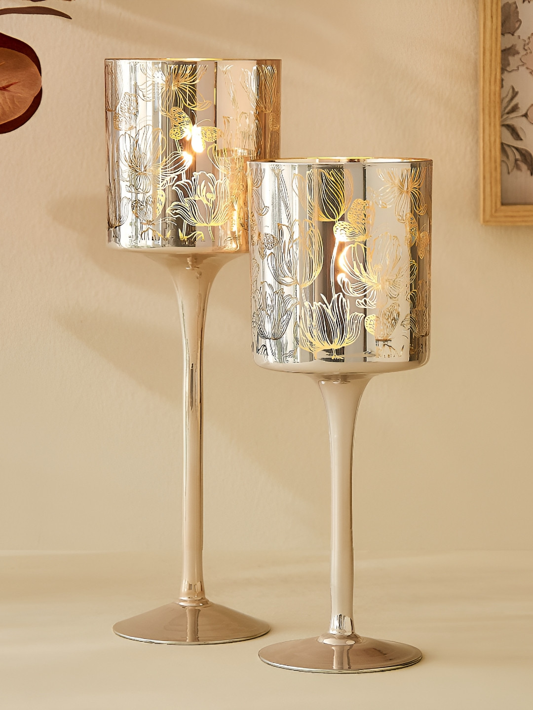 Home Centre Gold-Toned Set of 2 Glass Candle Holders