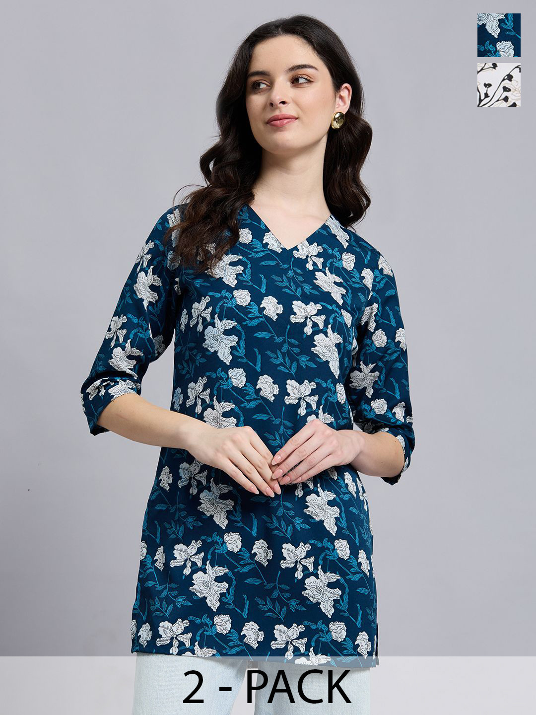 THE FAB FACTORY Women Pack Of 2 Floral Printed Roll-Up Sleeves Top