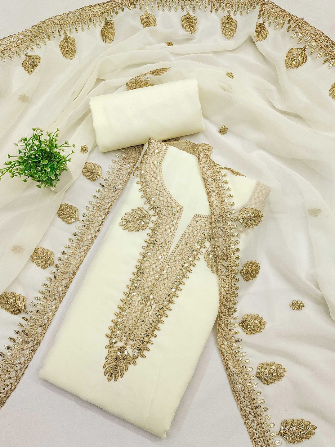 Off White Floral Embroidery and Embroidered Georgette Unstitched Dress Material