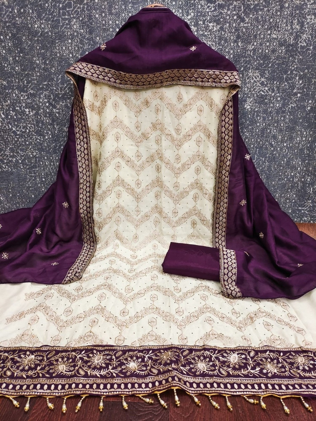 Purple Vichitra Silk Codding Work Unstitched Dress Material