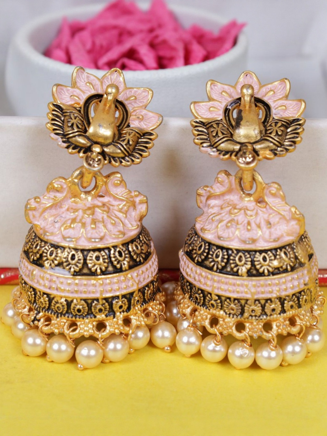 Peacock Motif Pink Meenakari Jhumka Earrings  Antique Gold Detailing Pearl Drops