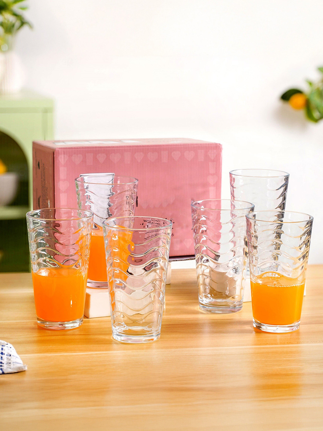 Nestasia Transparent 6 Pcs Wavy Tall Tumbler Borosilicate Water Glass - 450ml
